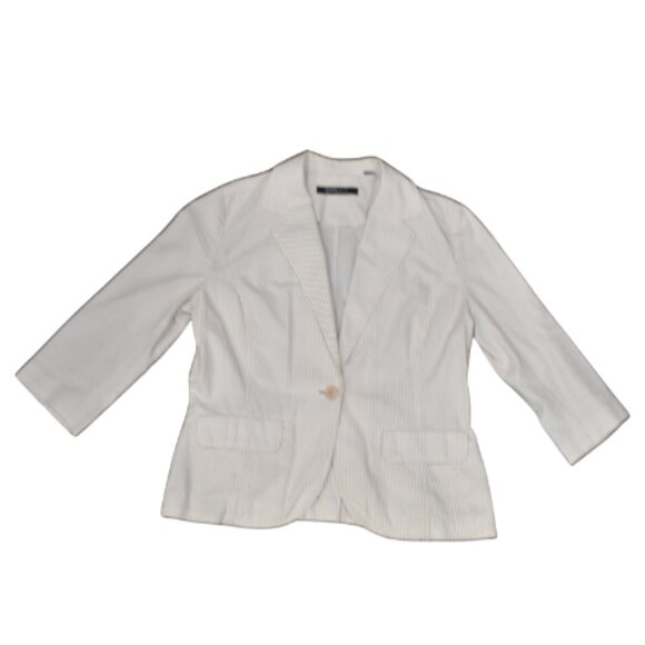 City UNLTD Beige White Pinstripe Cotton Blazer Size 14 Large - Picture 2 of 13